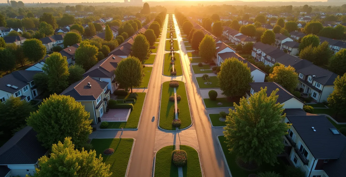 Vue aérienne d'un quartier résidentiel avec des trajets colorés superposés montrant les parcours habituels