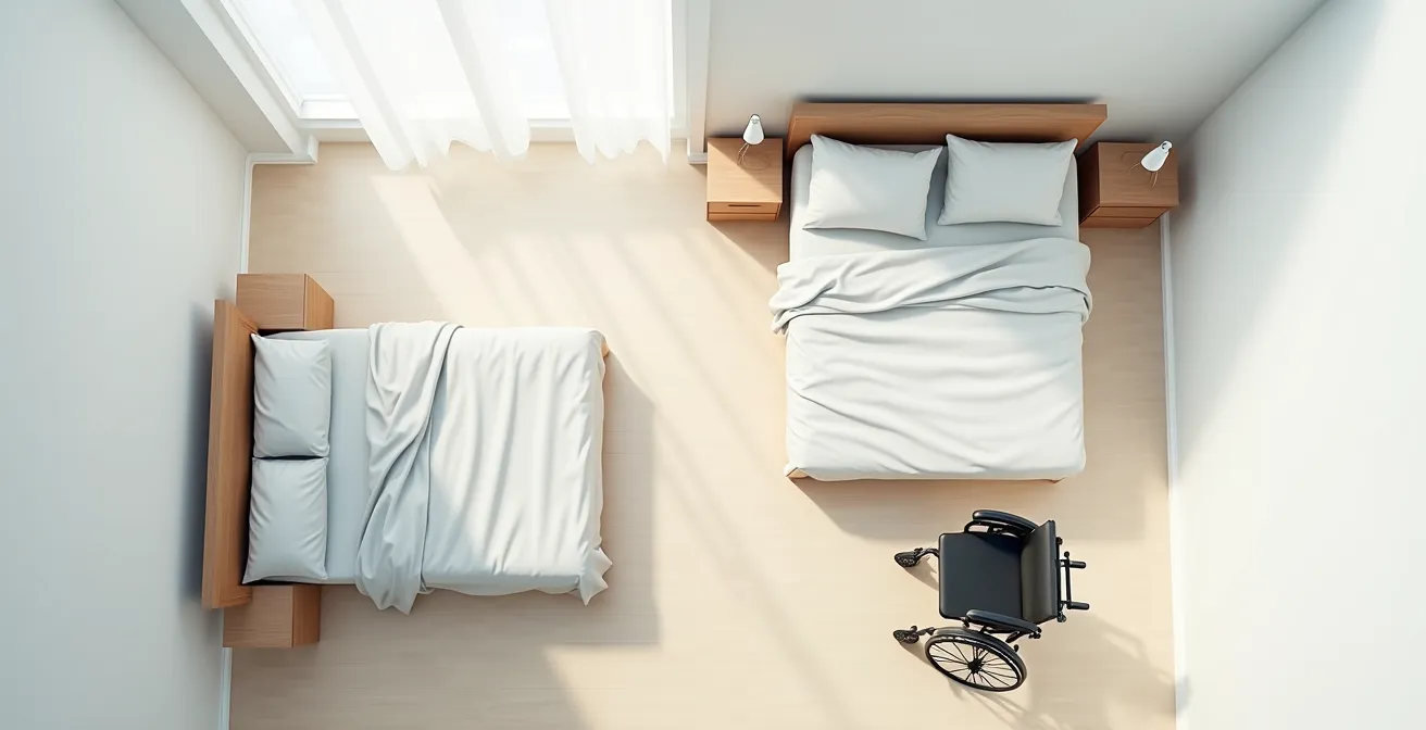 Vue aérienne montrant l'angle de 30 à 45 degrés entre le fauteuil et le lit
