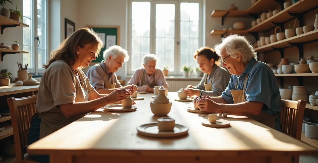 Groupe de seniors dans un atelier de poterie lumineux partageant un moment créatif