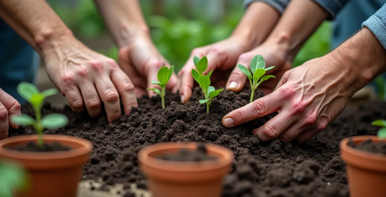 Mains de seniors travaillant ensemble sur des plantations dans un jardin thérapeutique