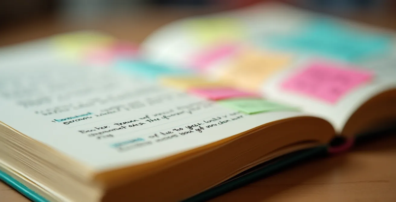 Cahier de transmission ouvert avec annotations colorées sur une table