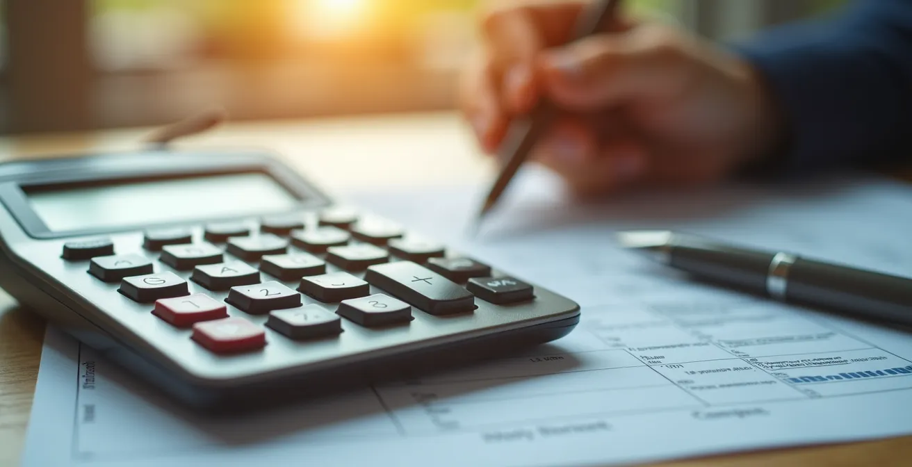 Vue macro d'une calculatrice et de papiers administratifs sur un bureau avec effet de profondeur de champ