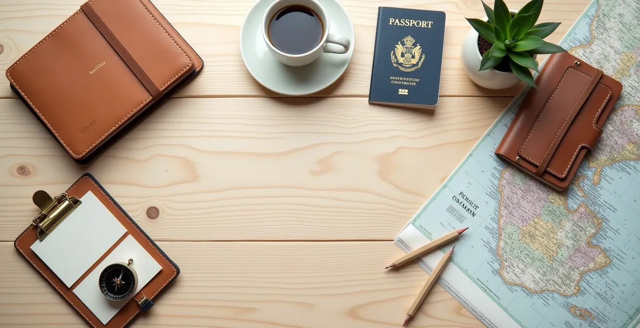 Vue aérienne d'une table avec cartes et carnets de voyage disposés harmonieusement