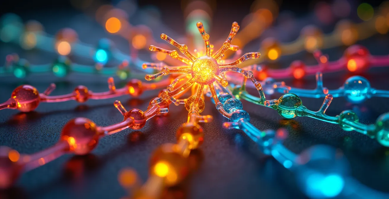 Représentation abstraite d'un cerveau actif avec des connexions colorées symbolisant l'apprentissage linguistique