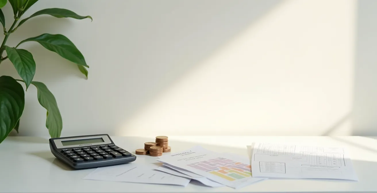 Calculatrice et documents financiers sur bureau avec mise au point sélective