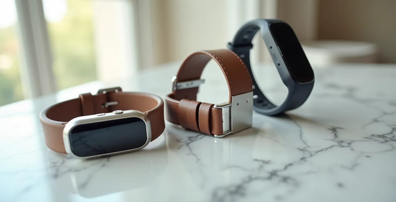 Gros plan sur différents types de bracelets et montres GPS pour personnes âgées, montrant les systèmes de fermeture
