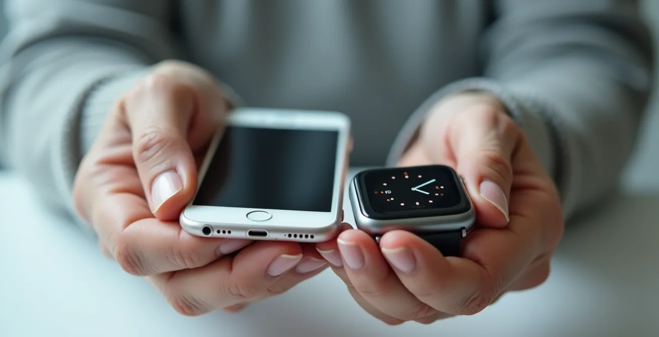 Gros plan sur main de senior tenant simultanément smartphone simplifié et montre bouton d'urgence