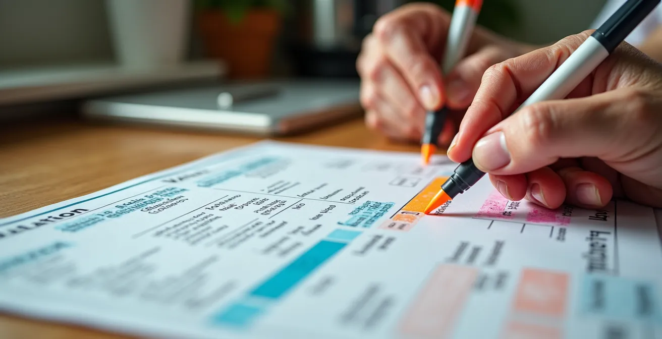 Gros plan sur deux fiches nutritionnelles côte à côte avec surligneurs colorés, mains d'une personne âgée annotant