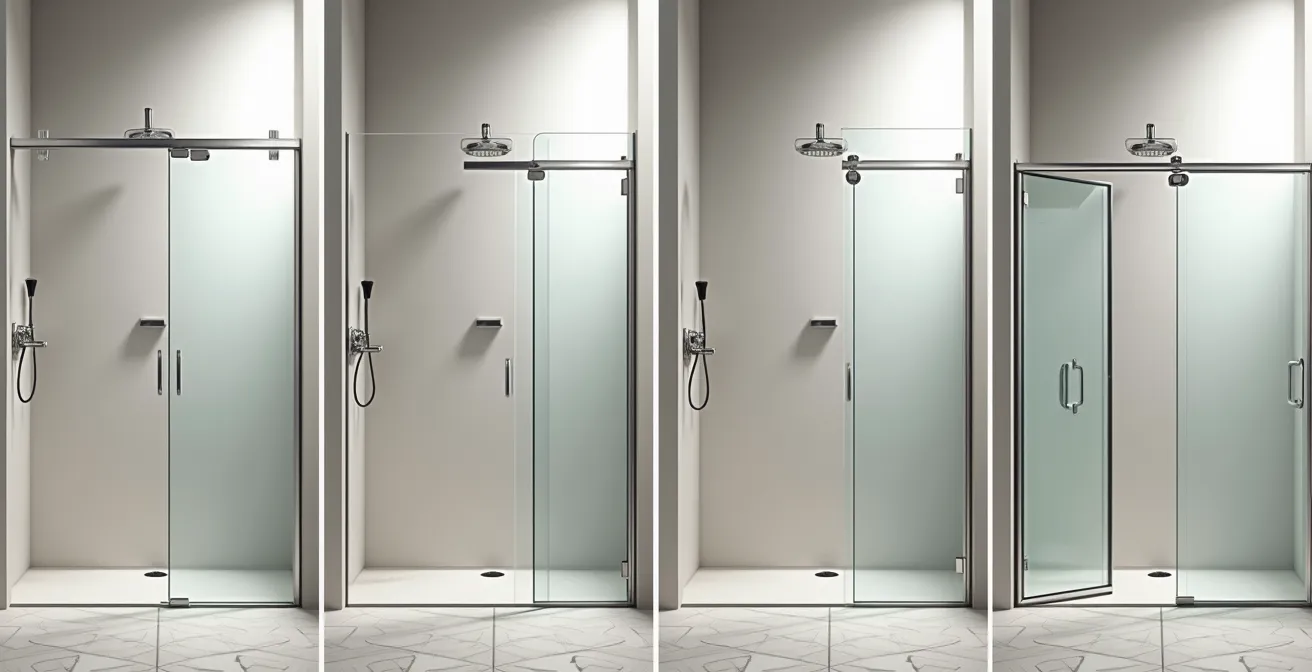 Comparaison visuelle de différents types de parois de douche avec mesures de passage utile pour fauteuil roulant