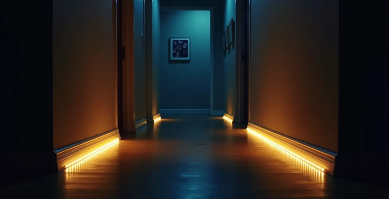 Couloir de maison la nuit avec éclairage LED au sol créant un chemin lumineux sécurisé
