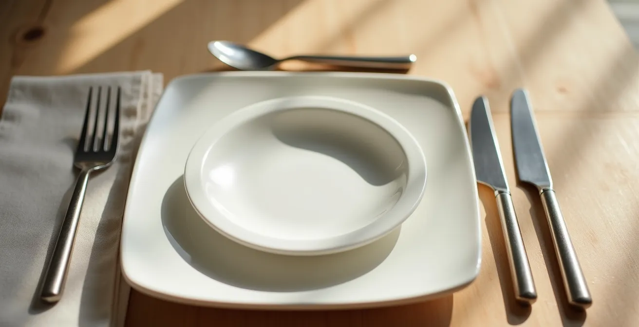 Vue d'ensemble d'une table avec couverts adaptés et assiette à rebord