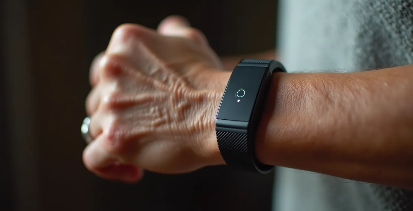 Gros plan sur un poignet portant un bracelet détecteur de chute discret et moderne.