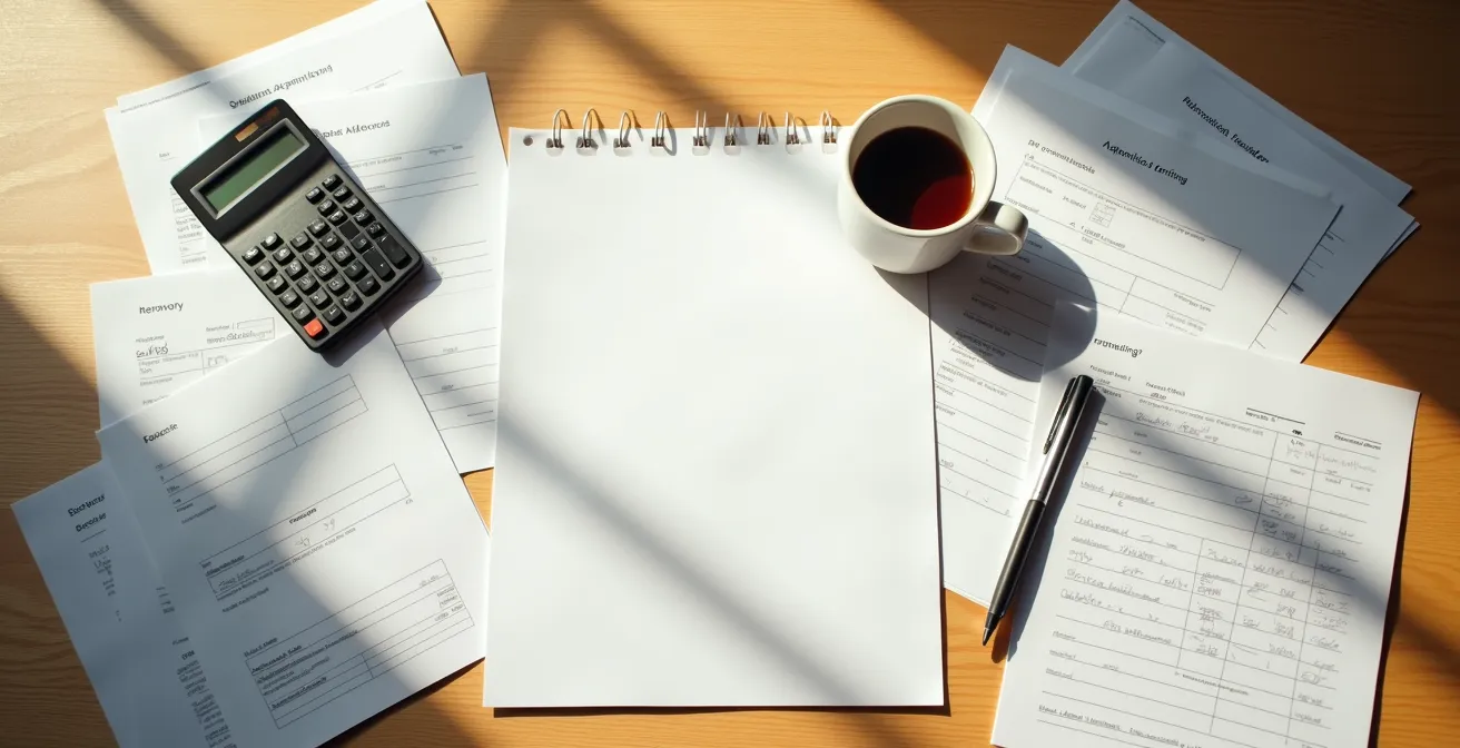 Vue de dessus d'un bureau avec documents administratifs organisés pour une demande de droit au répit