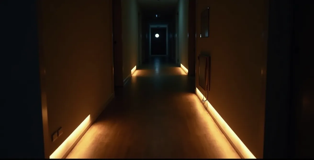 Couloir faiblement éclairé avec des bandes LED au sol créant un chemin lumineux sécurisant.