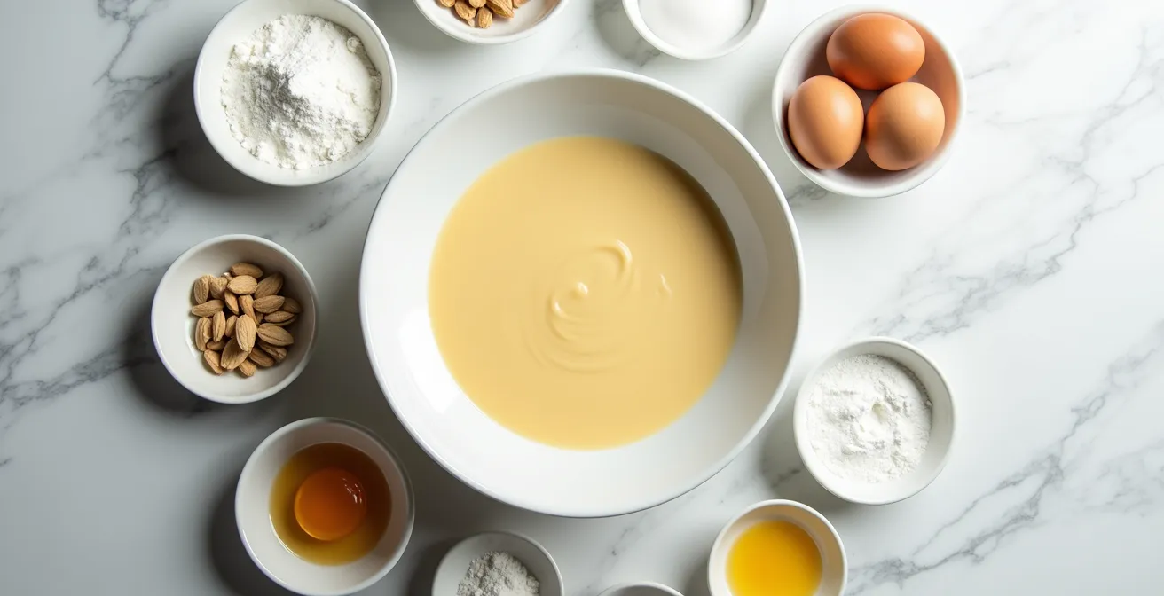 Vue aérienne d'un bol de soupe crémeuse entouré d'ingrédients enrichissants disposés en demi-cercle