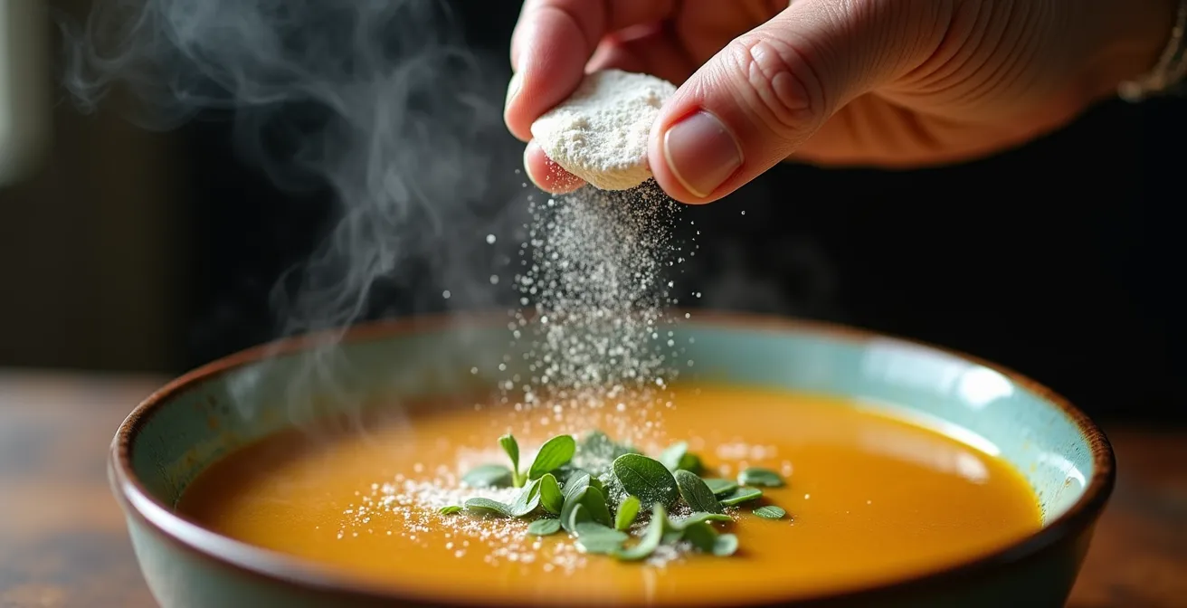 Mains âgées versant de la poudre de protéines dans un bol de soupe chaude