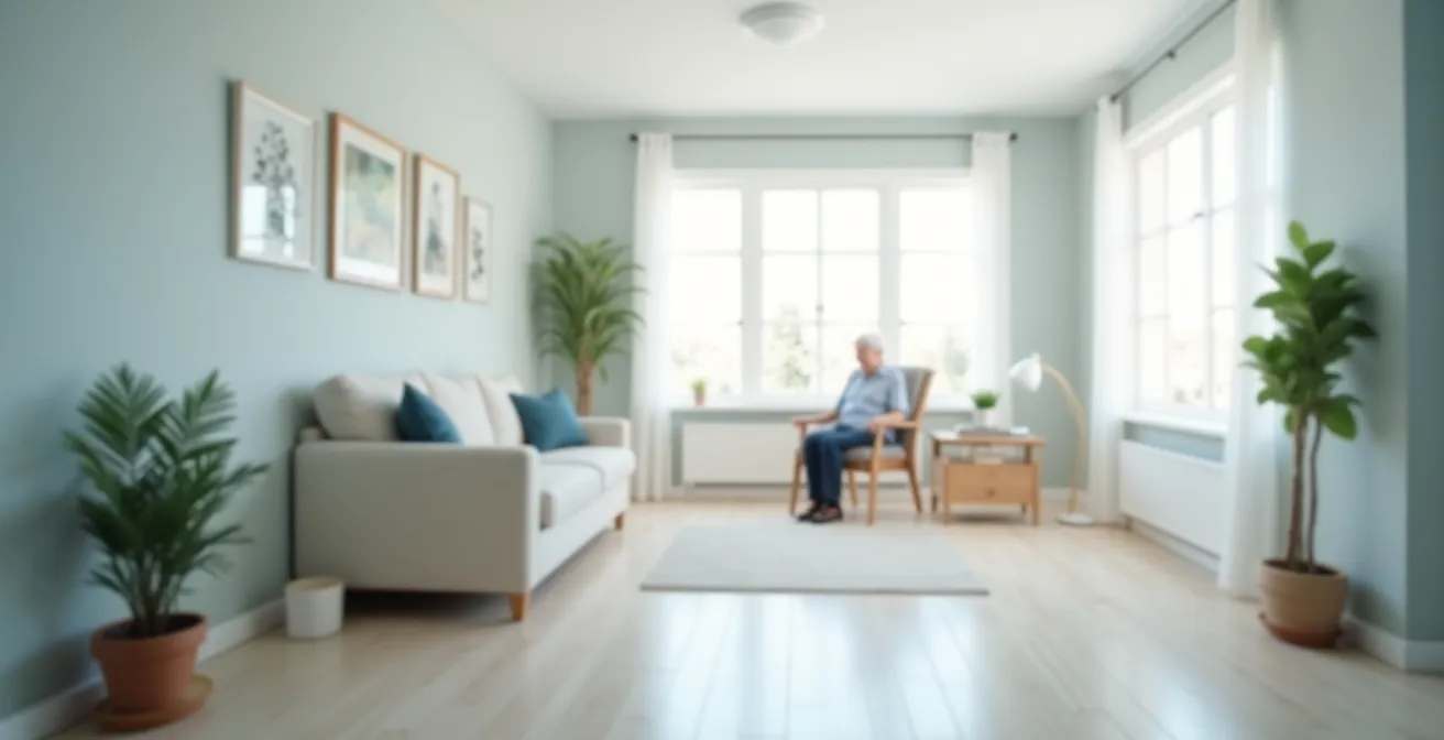 Vue large d'un salon adapté pour personne âgée avec barres d'appui et aménagements de sécurité visibles