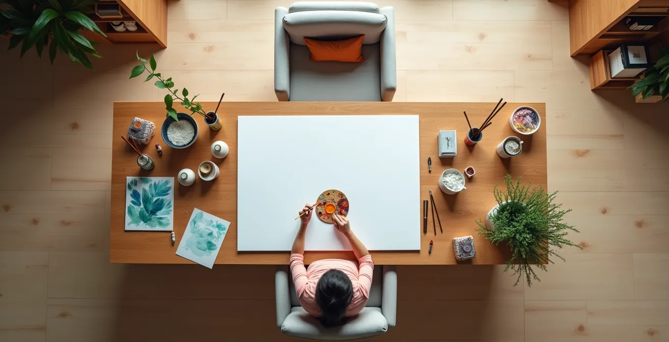 Vue aérienne d'un espace de peinture ergonomique organisé en triangle pour senior