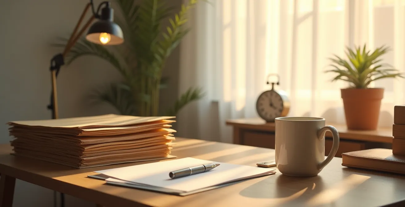 Bureau épuré avec documents financiers organisés dans une lumière matinale apaisante