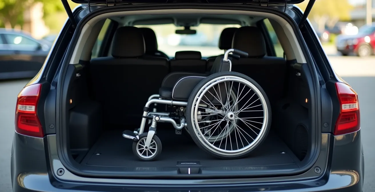 Fauteuil roulant ultra-léger plié posé dans le coffre d'une voiture avec espace disponible autour