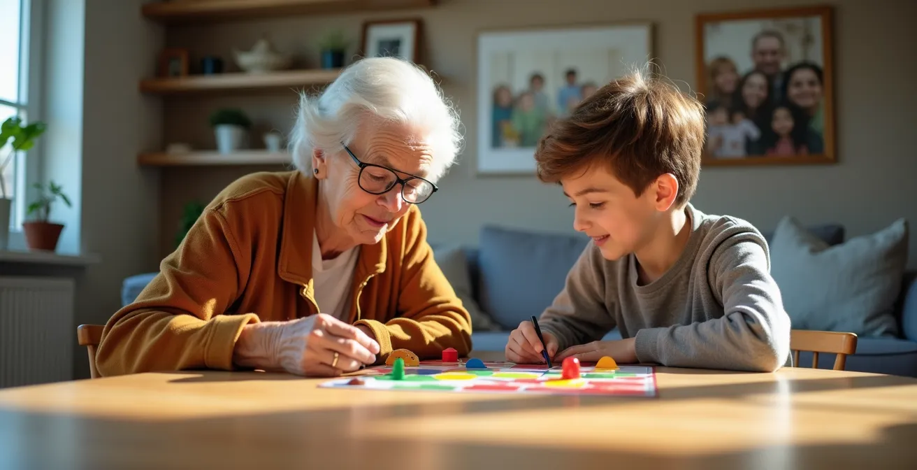 Grand-mère et petit-fils jouant ensemble à un jeu de société moderne coloré