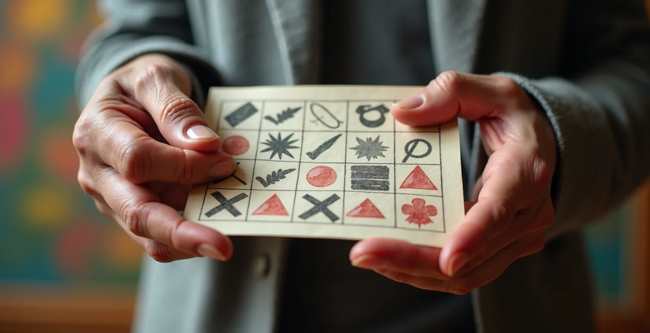 Gros plan sur des mains de senior tenant une grille de bingo artistique avec des cases cochées, devant un tableau flou en arrière-plan