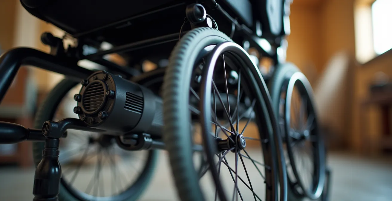 Installation d'un kit de motorisation sur un fauteuil roulant manuel avec système de fixation visible