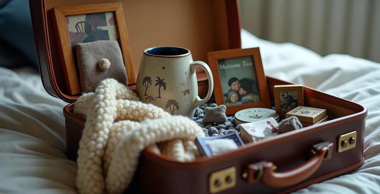 Valise ouverte avec objets personnels réconfortants pour un séjour temporaire en EHPAD