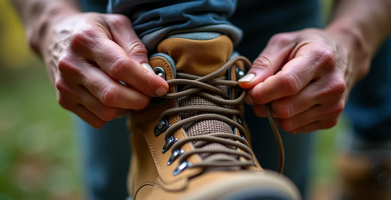 Gros plan sur technique de laçage verrou talon pour chaussures de marche
