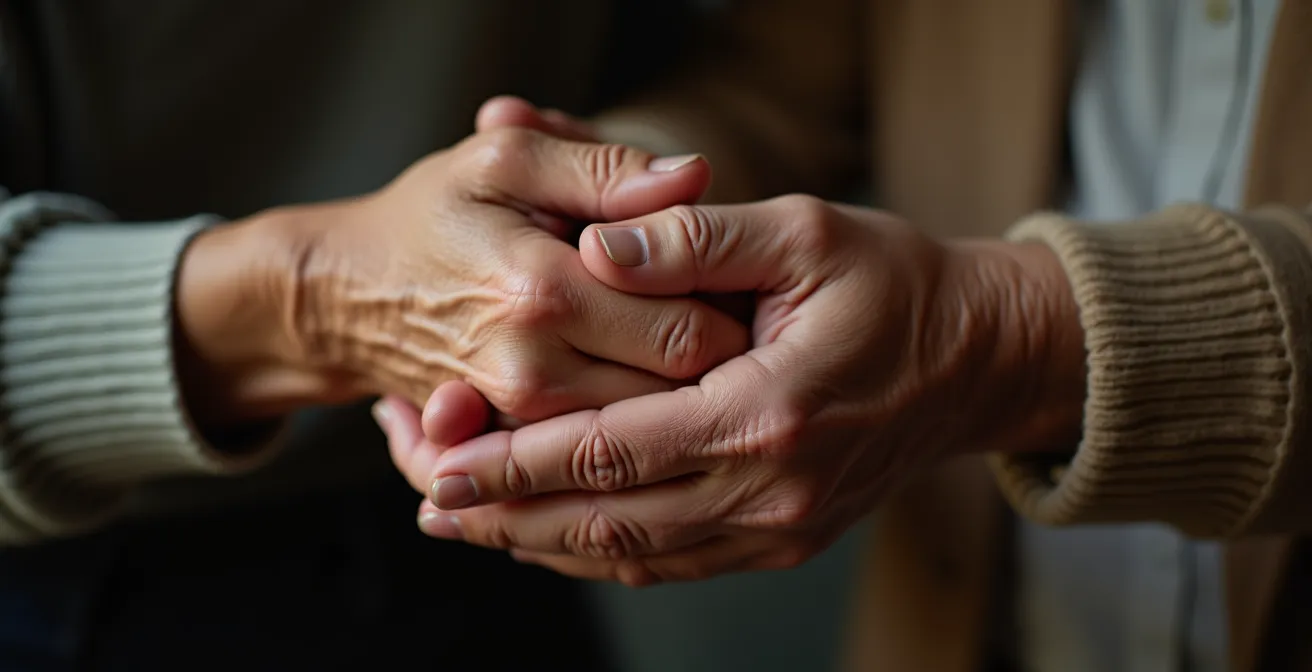 Gros plan sur des mains de différentes générations entrelacées symbolisant le soutien familial