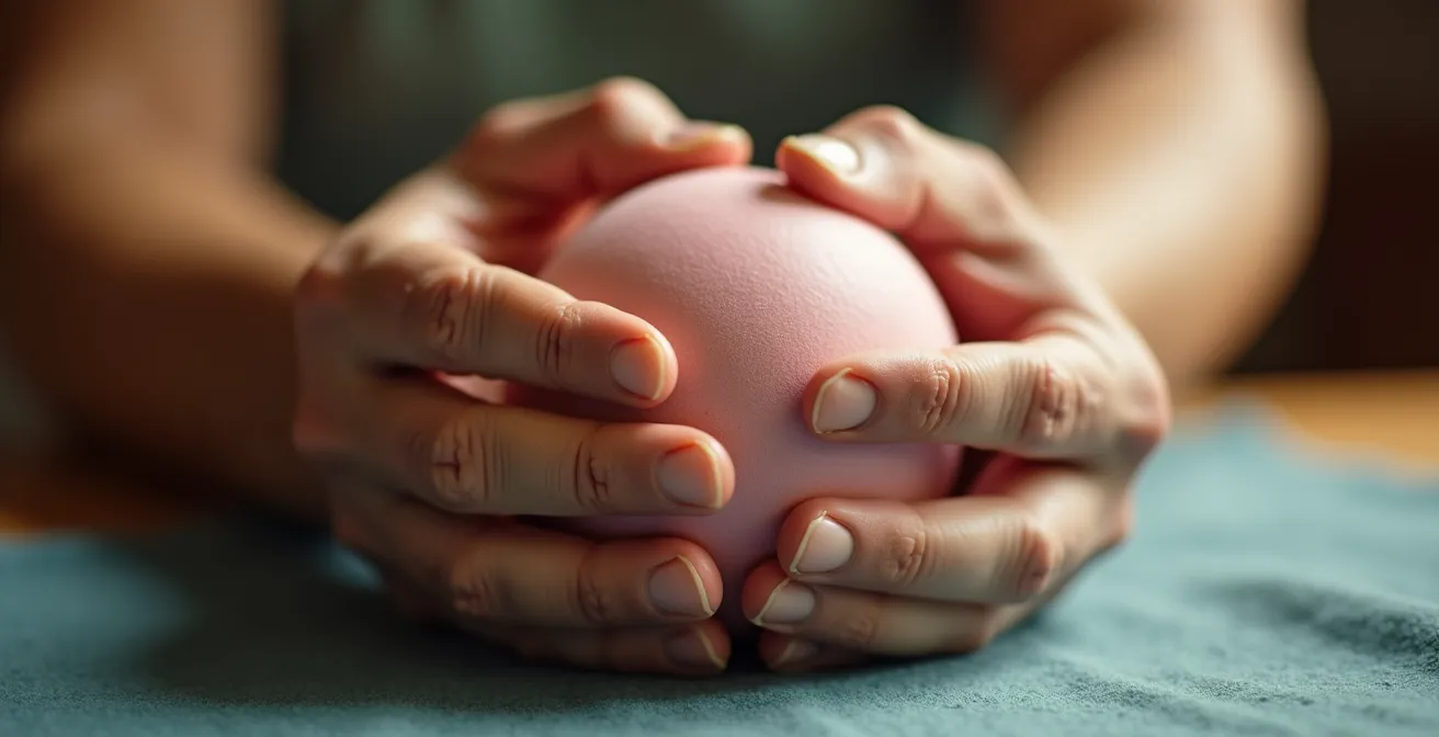 Gros plan sur les mains d'une personne âgée pressant doucement une balle thérapeutique