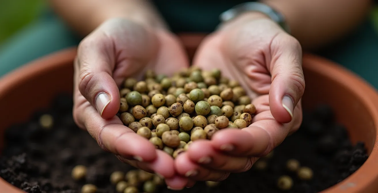 Gros plan sur des mains tenant ensemble de petites graines de légumes anciens au-dessus d'un pot en terre cuite