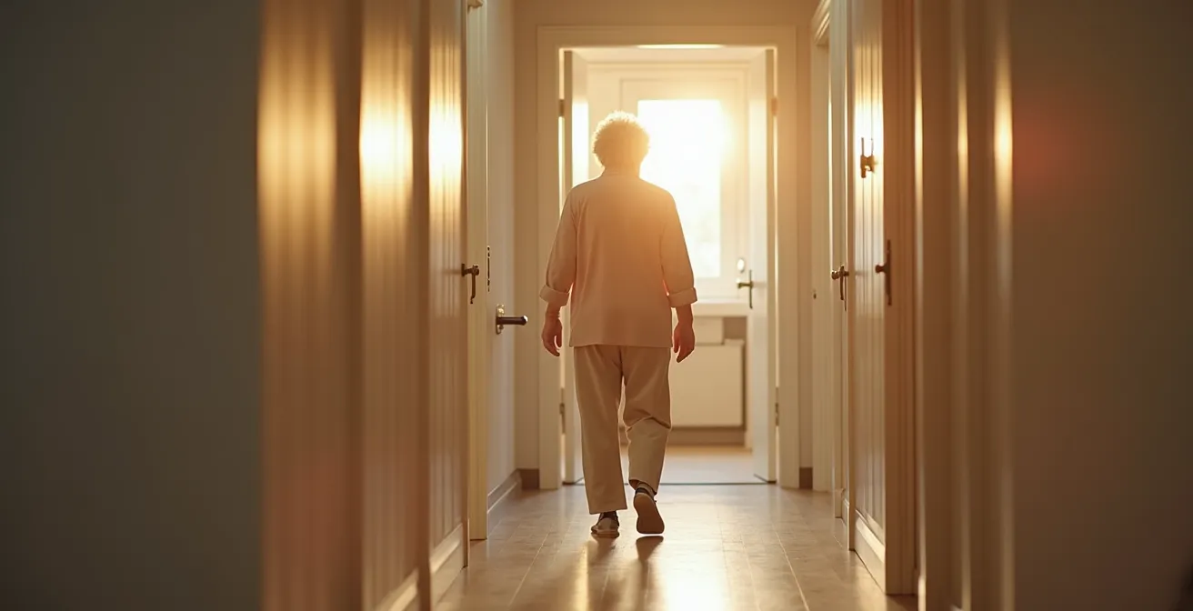 Parcours sécurisé entre chambre et salle de bain pour senior, illustrant un couloir bien éclairé et dégagé.