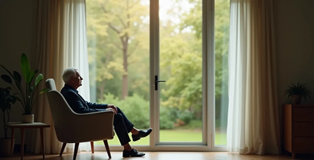 Personne âgée regardant par la fenêtre dans un moment de réflexion paisible