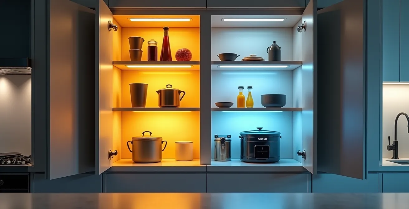 Vue d'ensemble d'un placard de cuisine réorganisé selon les principes ergonomiques pour seniors