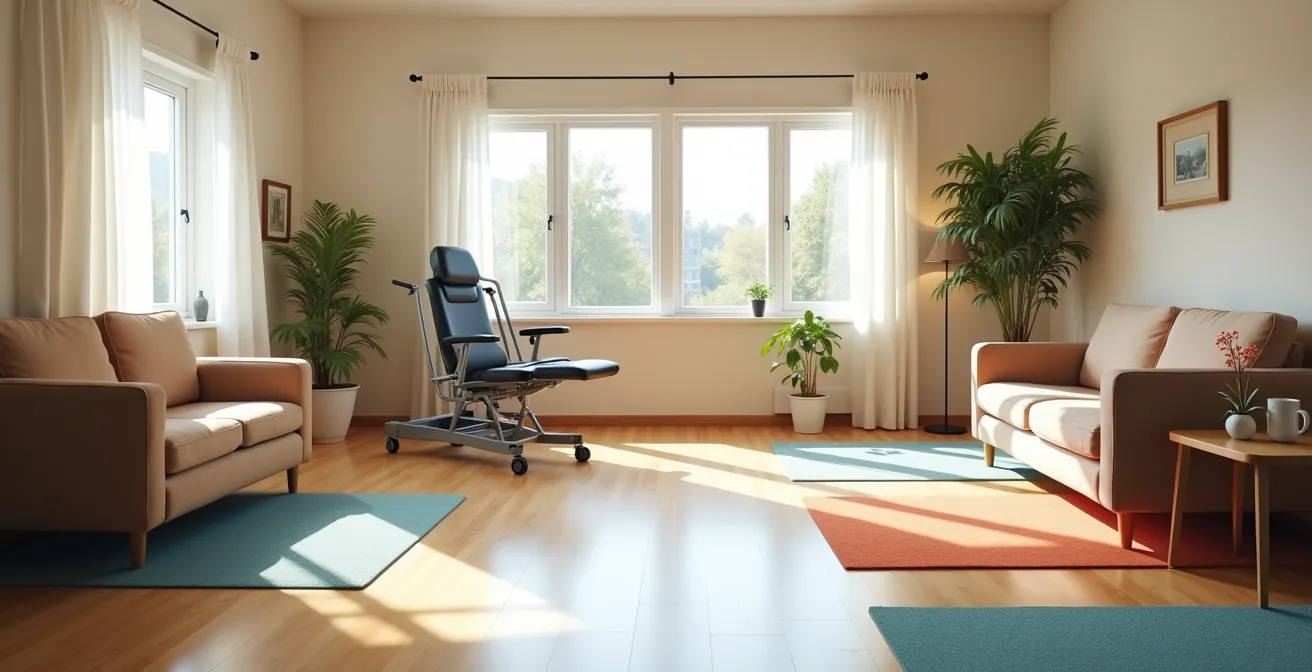 Vue d'ensemble d'un salon transformé en espace de soins avec différentes zones délimitées visuellement