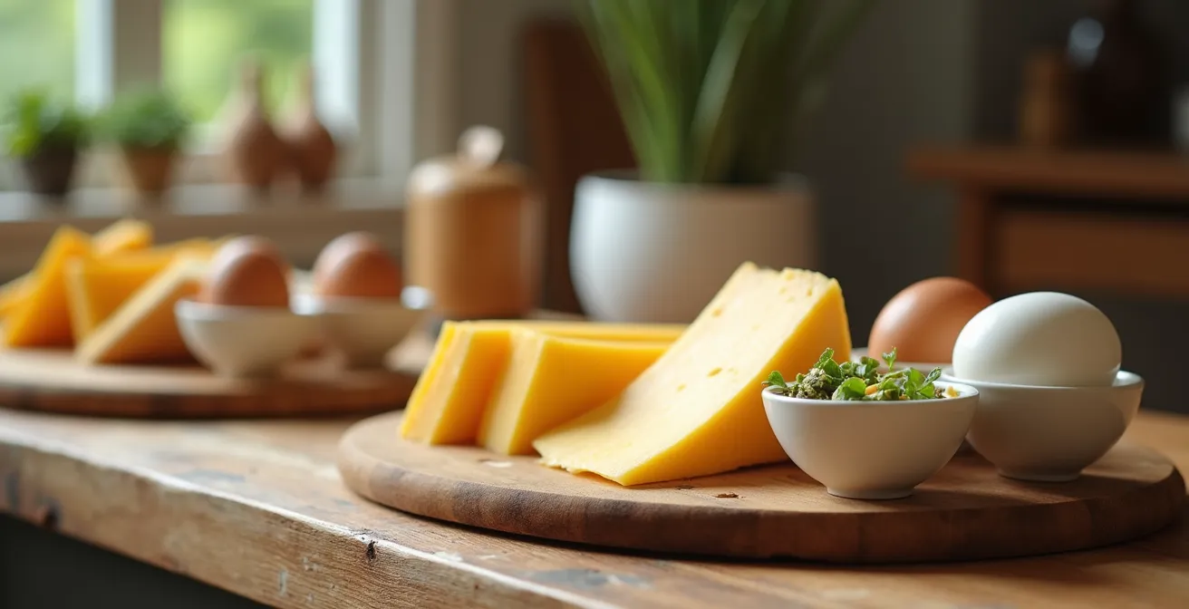 Plateau de fromages variés et œufs sur une table en bois naturel