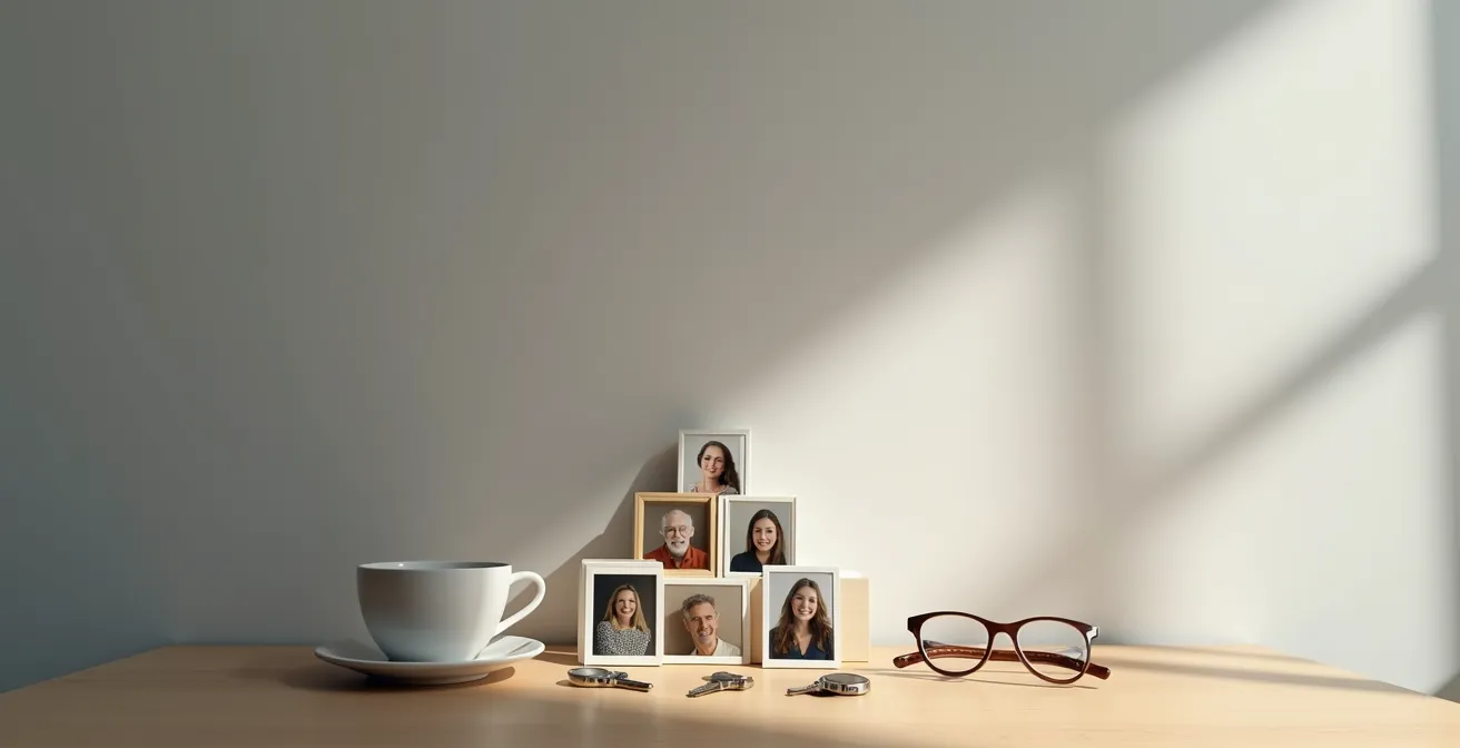 Composition symbolique avec objets représentant les besoins humains disposés en pyramide
