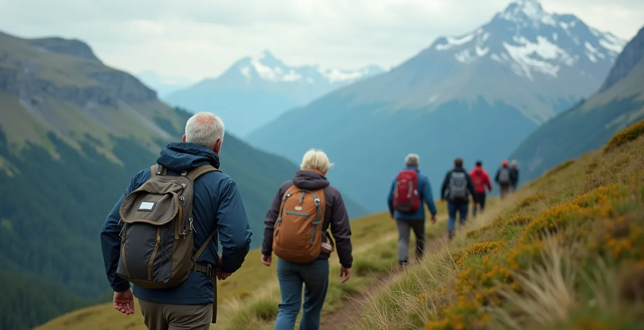 Groupe de seniors en randonnée montagne avec guide, vue panoramique