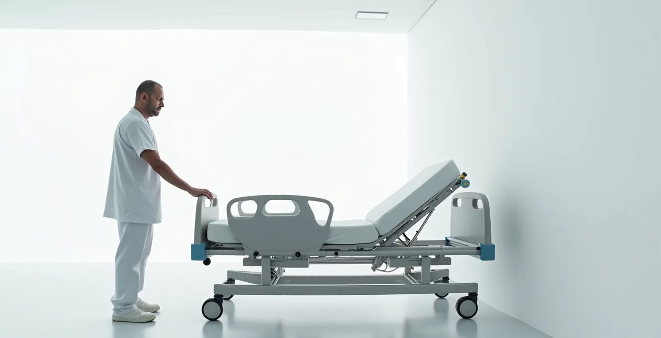 Démonstration du réglage ergonomique de la hauteur d'un lit médicalisé avec repères visuels au niveau du coude