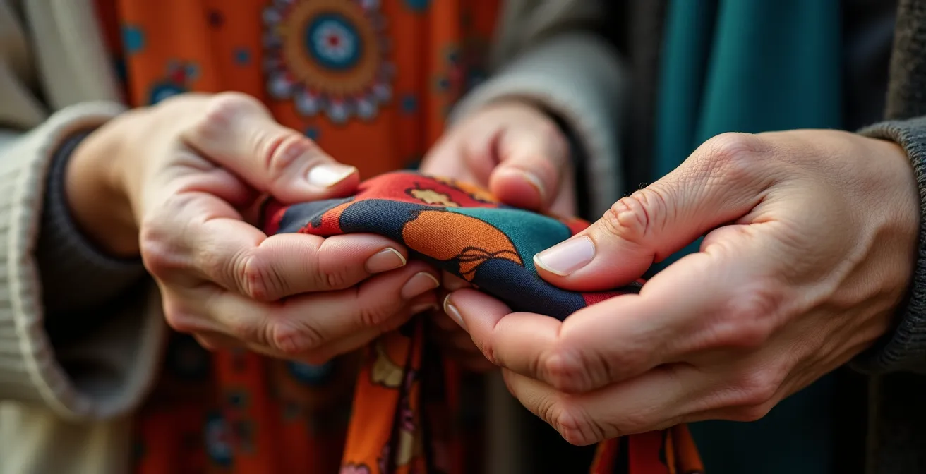 Mains échangeant délicatement un foulard coloré, symbole du rituel d'au revoir rassurant