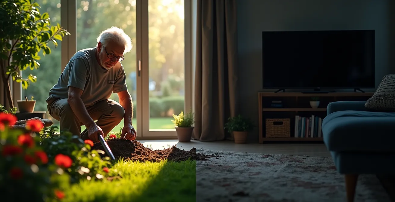 Contraste entre un senior actif au jardin et une télévision éteinte à l'arrière-plan