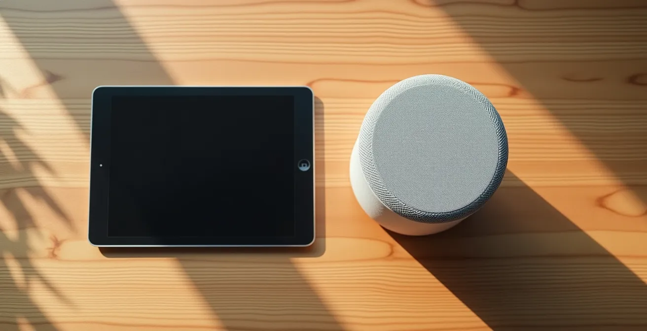 Table vue de dessus avec une tablette éteinte et une enceinte connectée côte à côte, symbolisant le choix technologique.