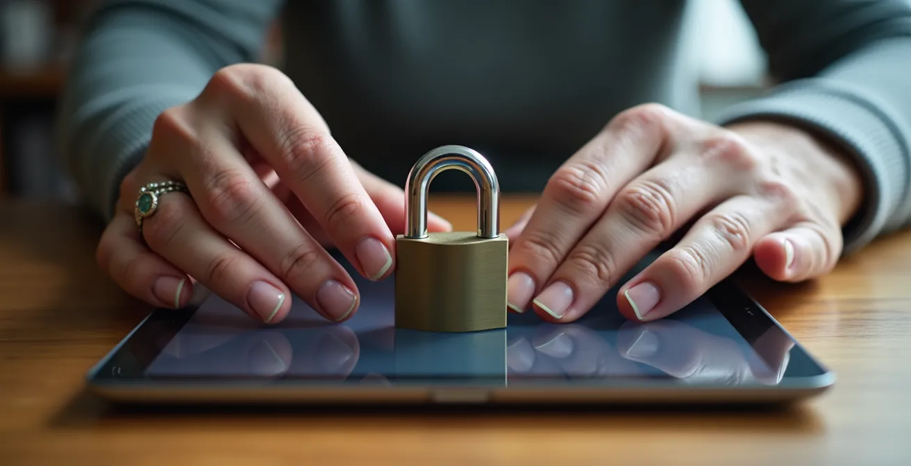 Personne âgée apprenant à sécuriser sa tablette avec l'aide d'un proche symbolisé par un cadenas.