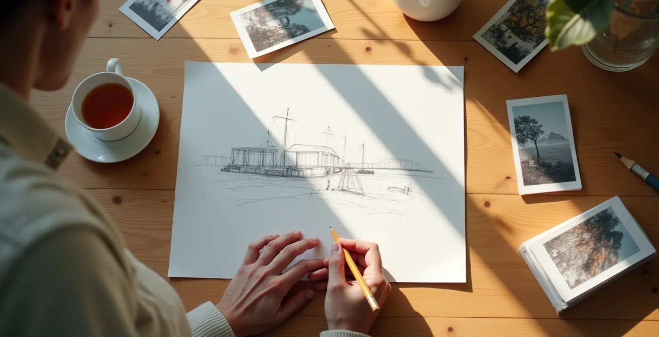 Vue plongeante sur une table où des mains âgées dessinent de mémoire un détail d'œuvre, avec tasse de thé et photos floues