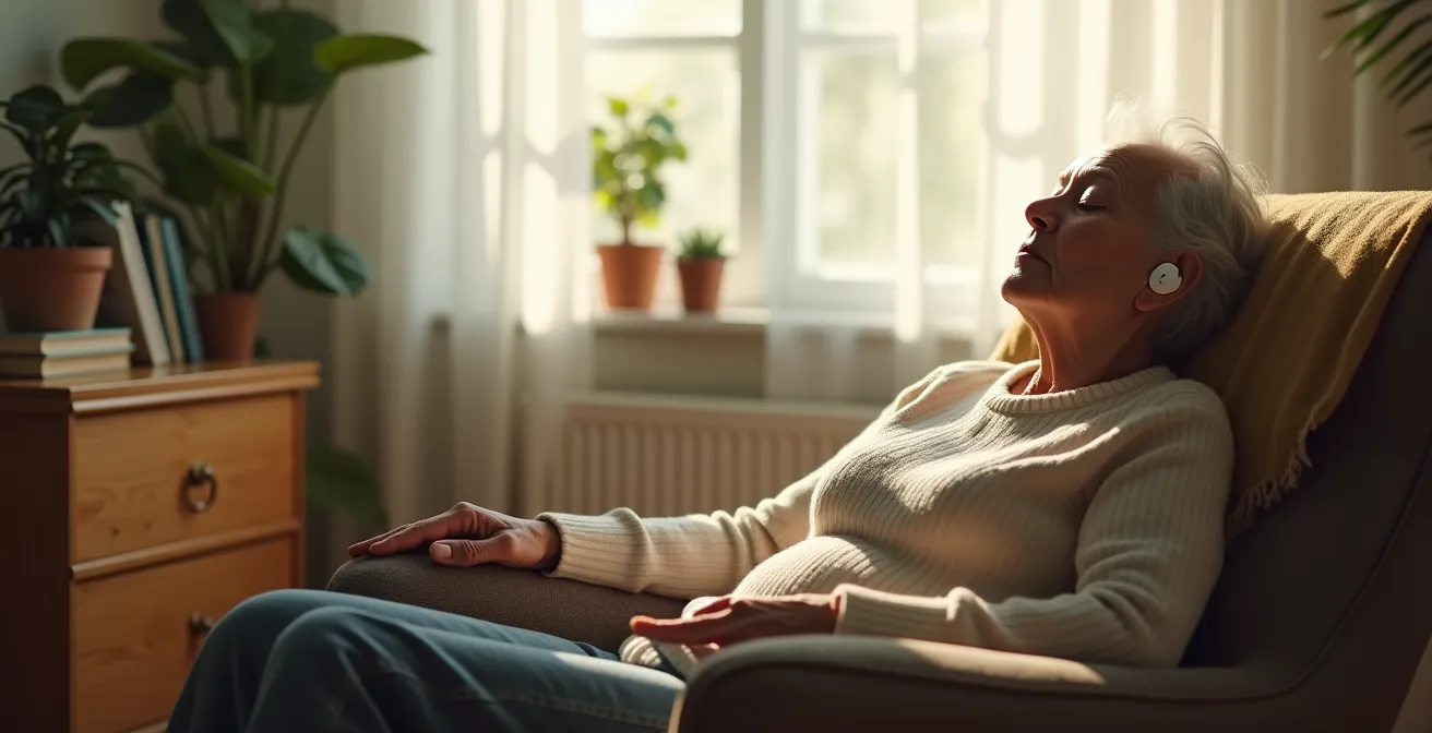 Personne âgée écoutant un livre audio les yeux fermés dans un fauteuil confortable