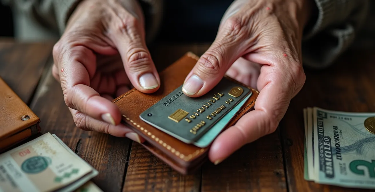 Mains âgées manipulant différents moyens de paiement symbolisant la flexibilité financière