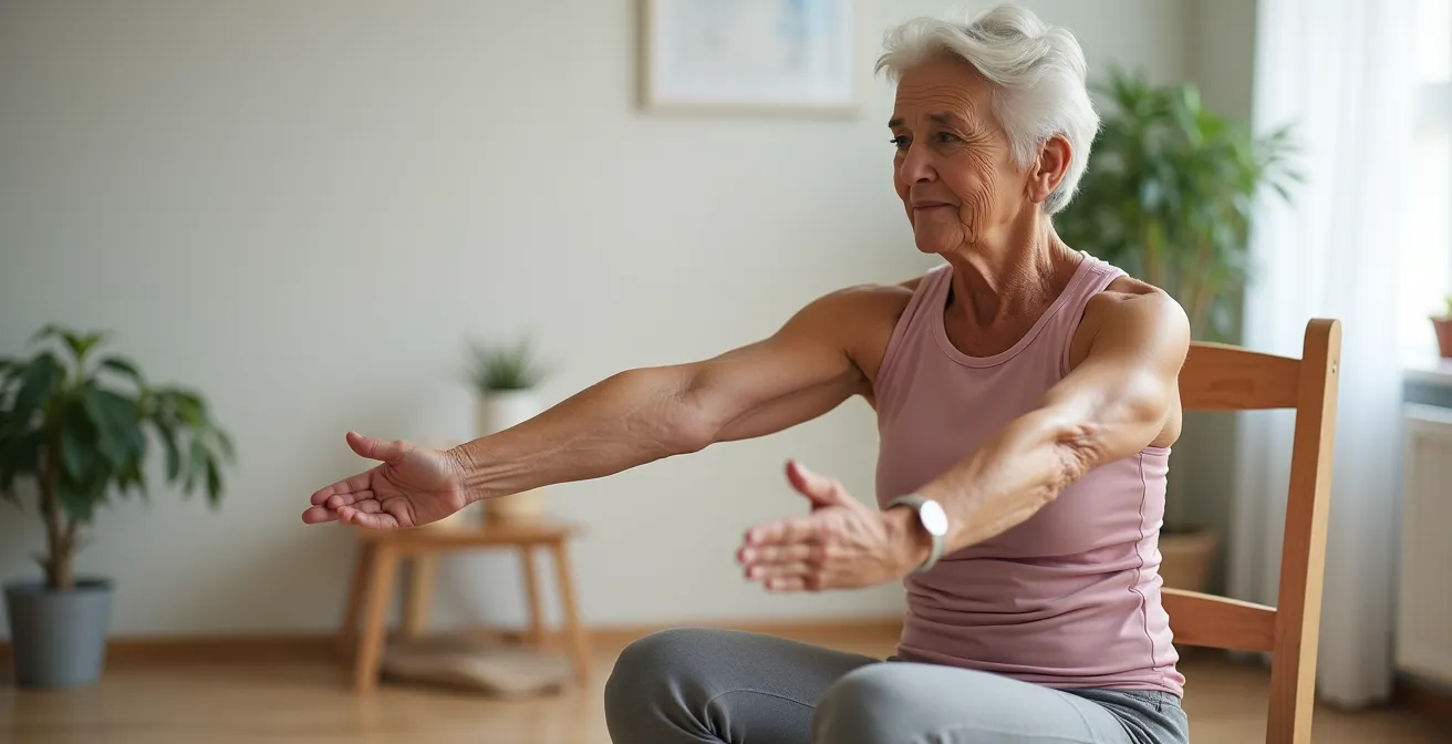 Senior effectuant un exercice de Pilates assis sur une chaise