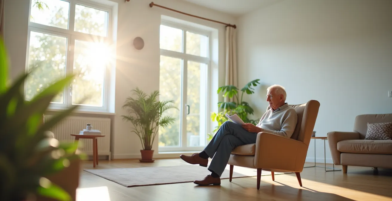 Salon moderne avec capteur radar discret au mur, personne âgée lisant confortablement