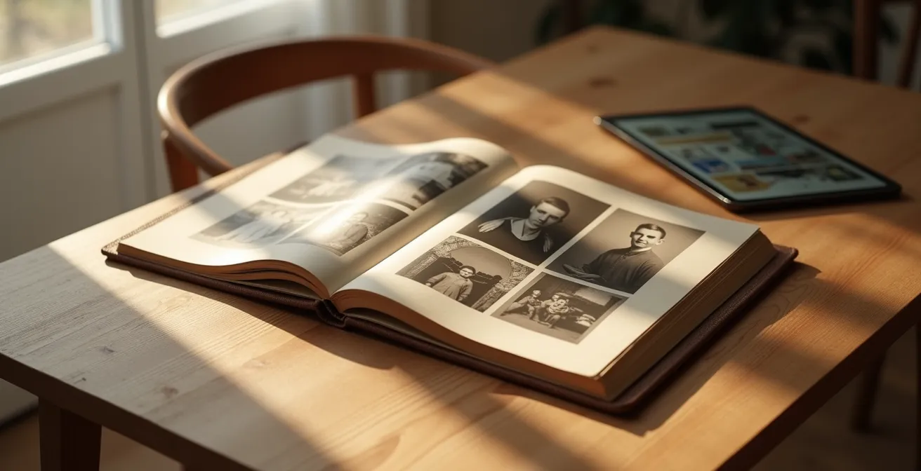Un album photo ancien ouvert à côté d'une tablette numérique moderne, éclairés par une lumière douce de fin d'après-midi